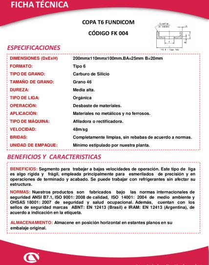 Ficha técnica COPA T6 FUNDICOM - CODIGO FK-004