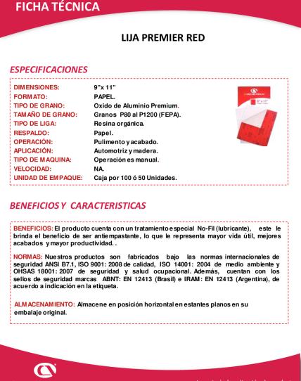 Ficha técnica Lija Premier RED