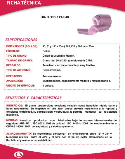 Ficha Técnica LIJA FLEXIBLE CAR-48