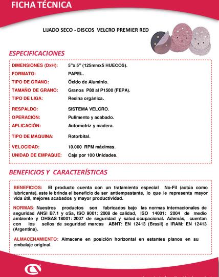 Ficha Técnica LIJADO SECO - DISCOS VELCRO PREMIER RED 5
